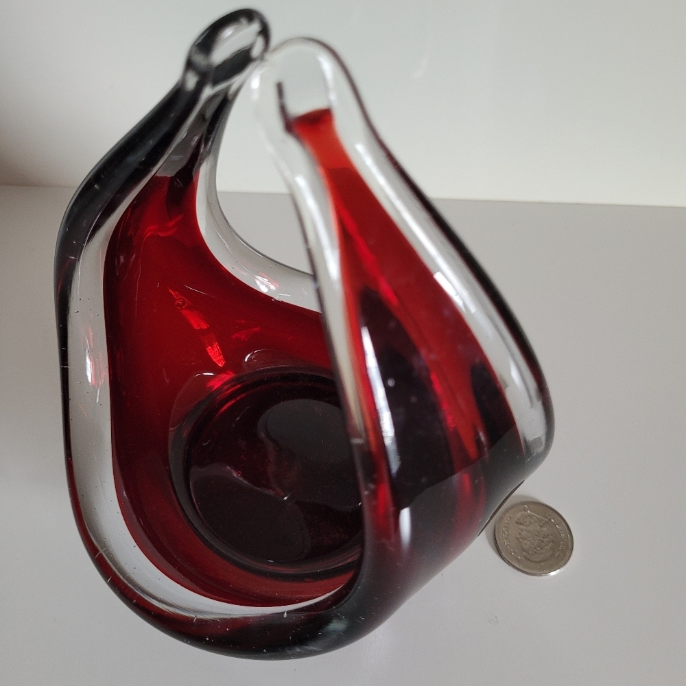 Vintage Elegant Red Clear Encased Glass Dish Sculpture Murano Trinket Bowl